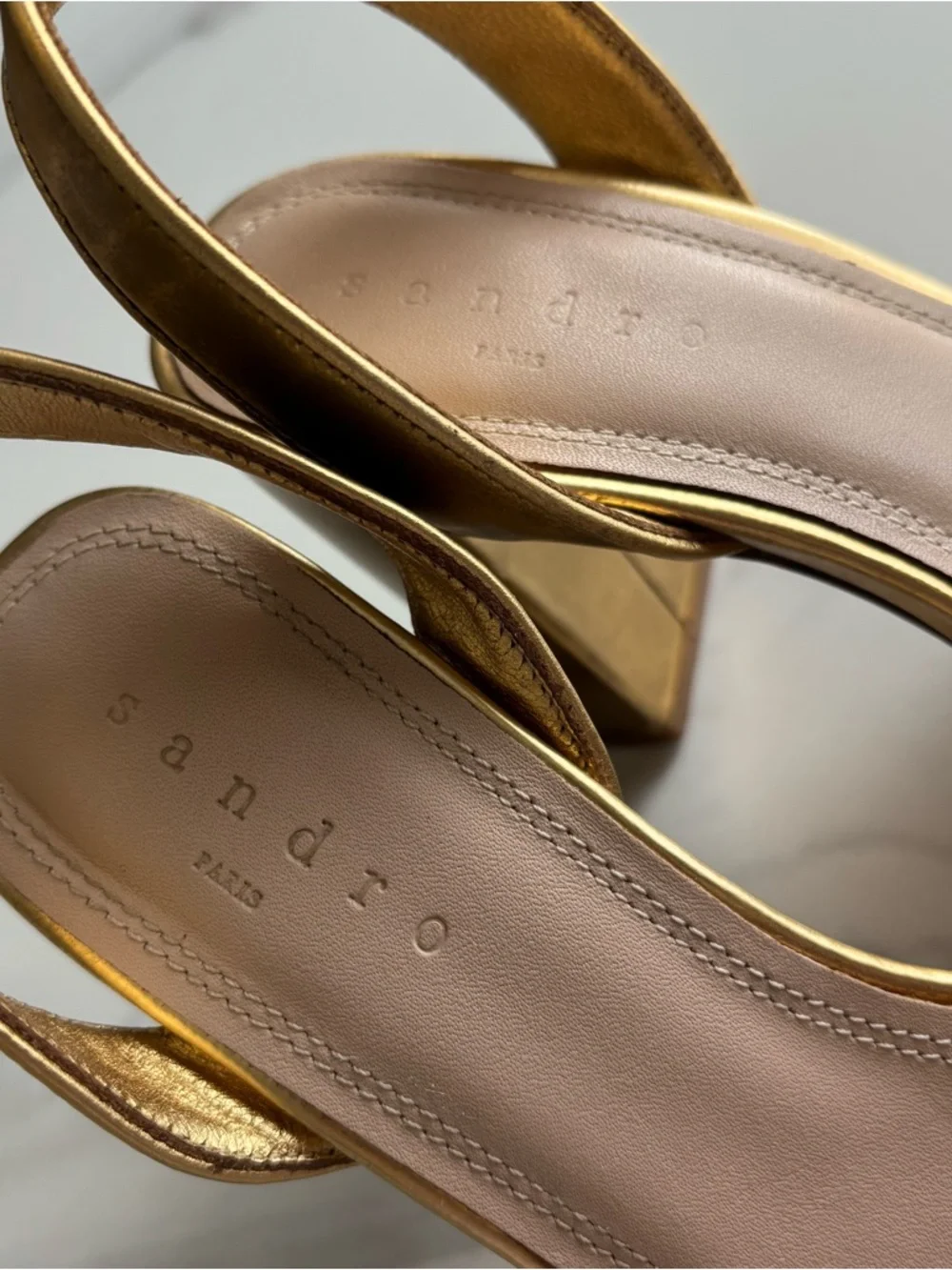 Sandro Metallic Gold Ankle-Strap Block Heel Sandals Sz 37 - Picture 5 of 9